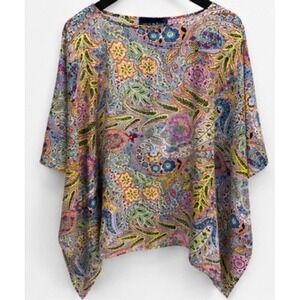 Susan Graver Style Paisley Floral Poncho Top Multi Color Handkerchief Hem Large